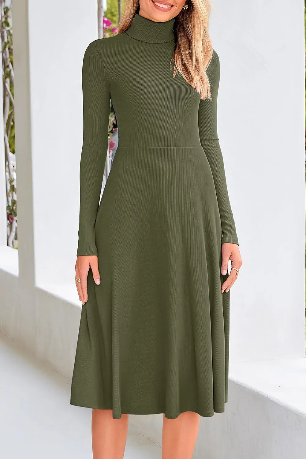 CFLONGE Women's Casual Ribbed Knit High Neck Dress Long Sleeve Fall Dress for Women 2024 Lightweight A Line Flare Dresses