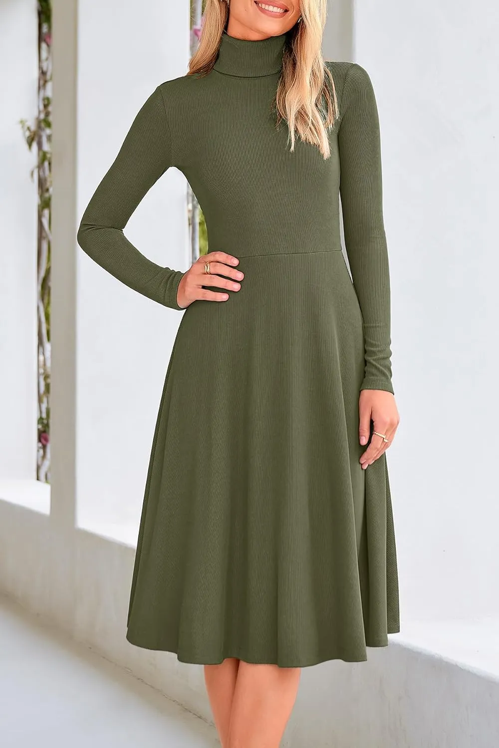 CFLONGE Women's Casual Ribbed Knit High Neck Dress Long Sleeve Fall Dress for Women 2024 Lightweight A Line Flare Dresses
