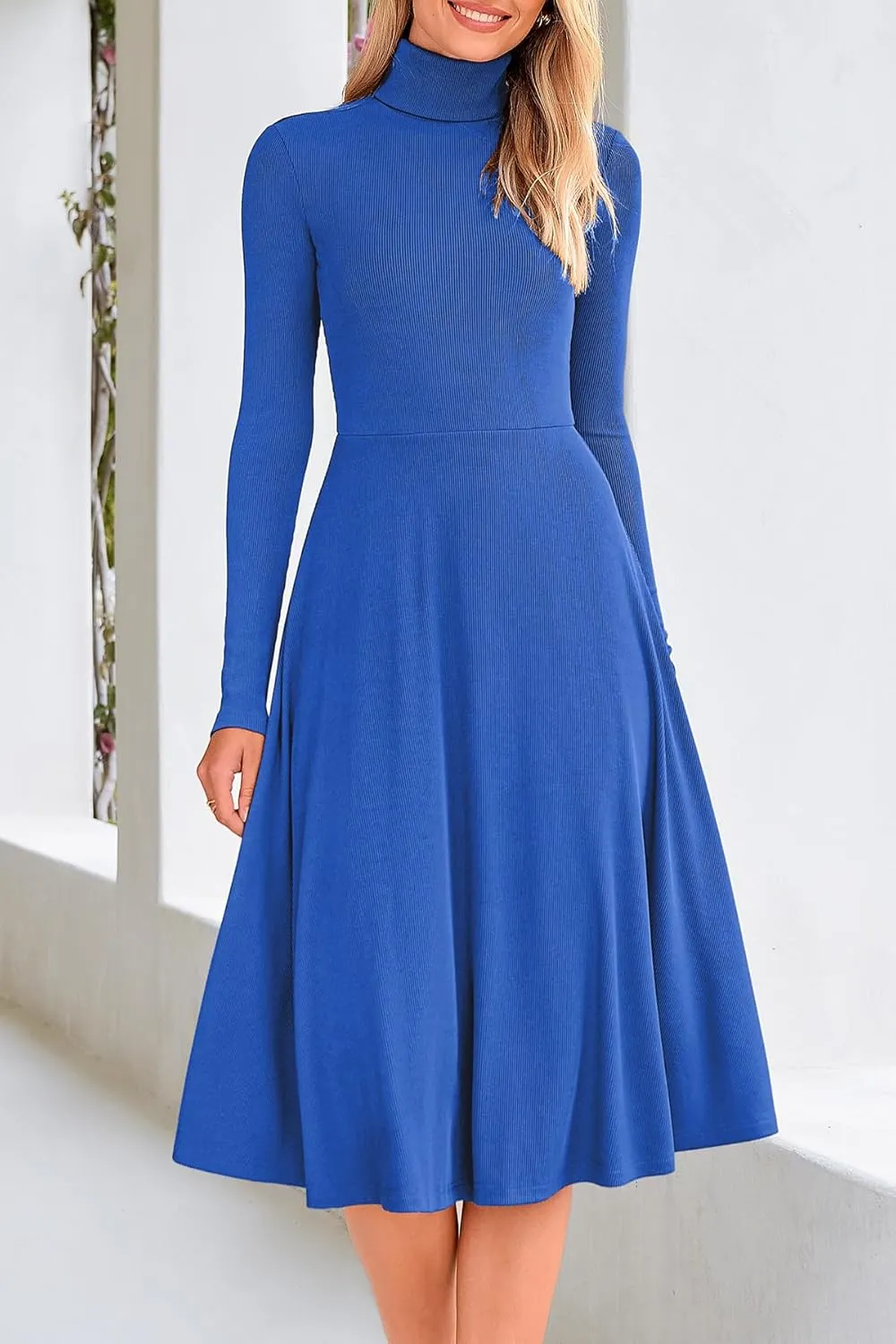 CFLONGE Women's Casual Ribbed Knit High Neck Dress Long Sleeve Fall Dress for Women 2024 Lightweight A Line Flare Dresses
