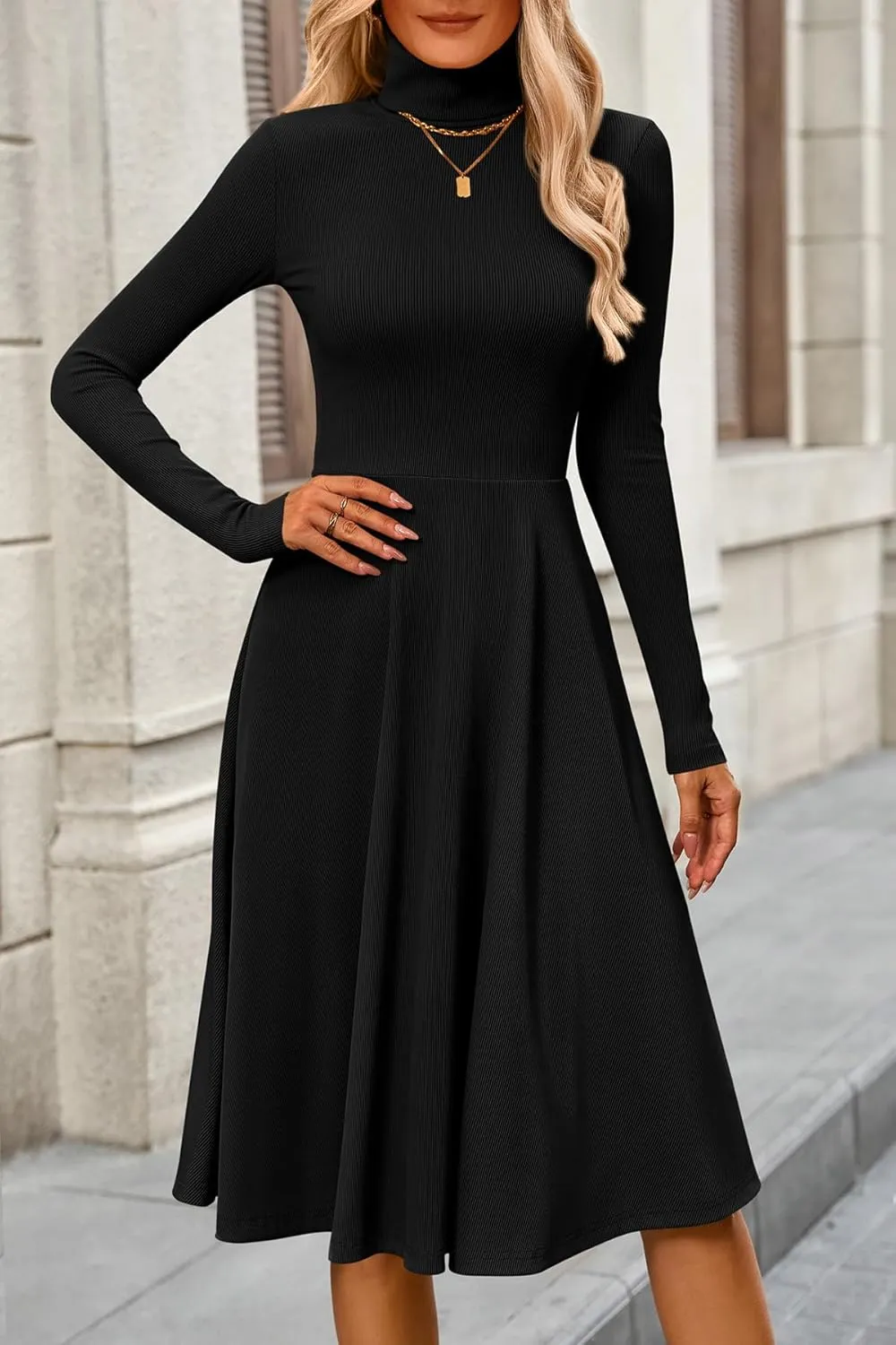 CFLONGE Women's Casual Ribbed Knit High Neck Dress Long Sleeve Fall Dress for Women 2024 Lightweight A Line Flare Dresses