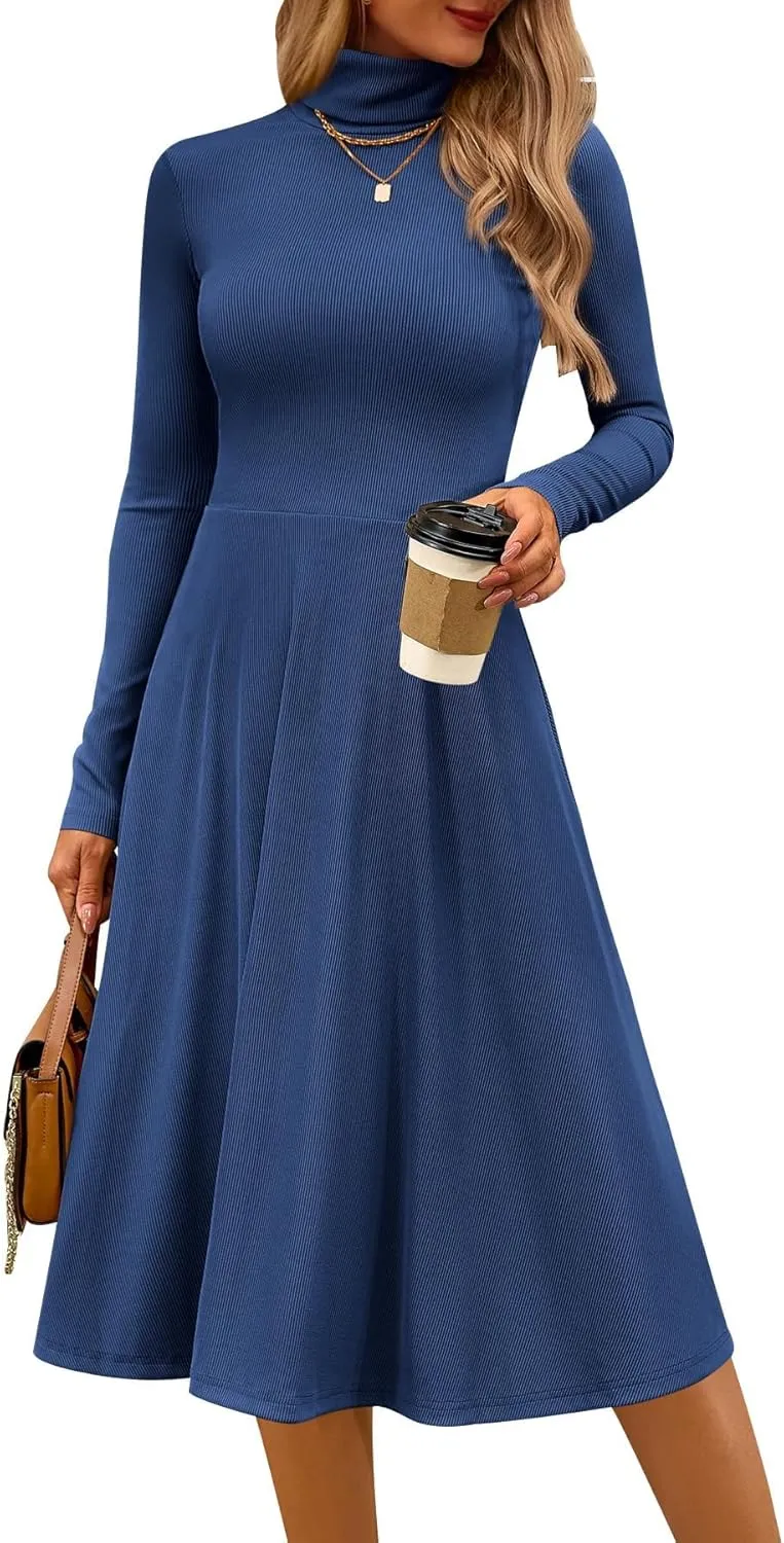 CFLONGE Women's Casual Ribbed Knit High Neck Dress Long Sleeve Fall Dress for Women 2024 Lightweight A Line Flare Dresses