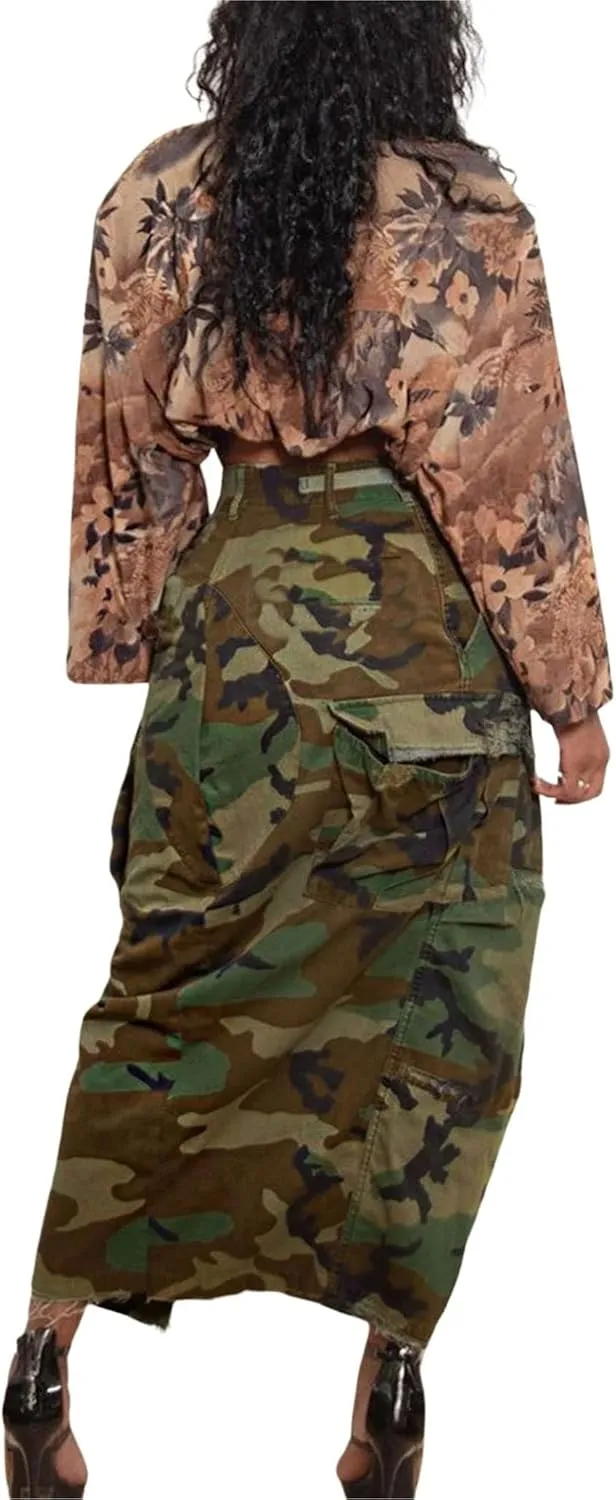 CHARTOU Women Camouflage Skirt Camo Maxi Pencil Skirt Bodycon Button Slit Cargo Skirt with Pocket