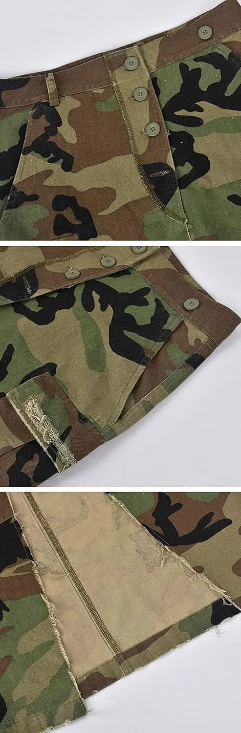 CHARTOU Women Camouflage Skirt Camo Maxi Pencil Skirt Bodycon Button Slit Cargo Skirt with Pocket