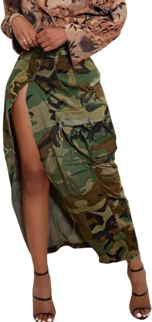 CHARTOU Women Camouflage Skirt Camo Maxi Pencil Skirt Bodycon Button Slit Cargo Skirt with Pocket