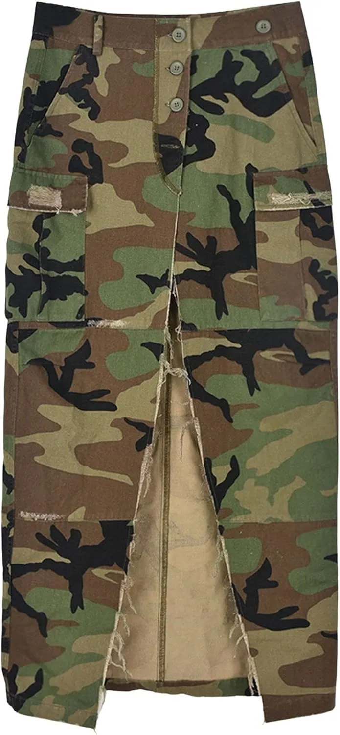 CHARTOU Women Camouflage Skirt Camo Maxi Pencil Skirt Bodycon Button Slit Cargo Skirt with Pocket