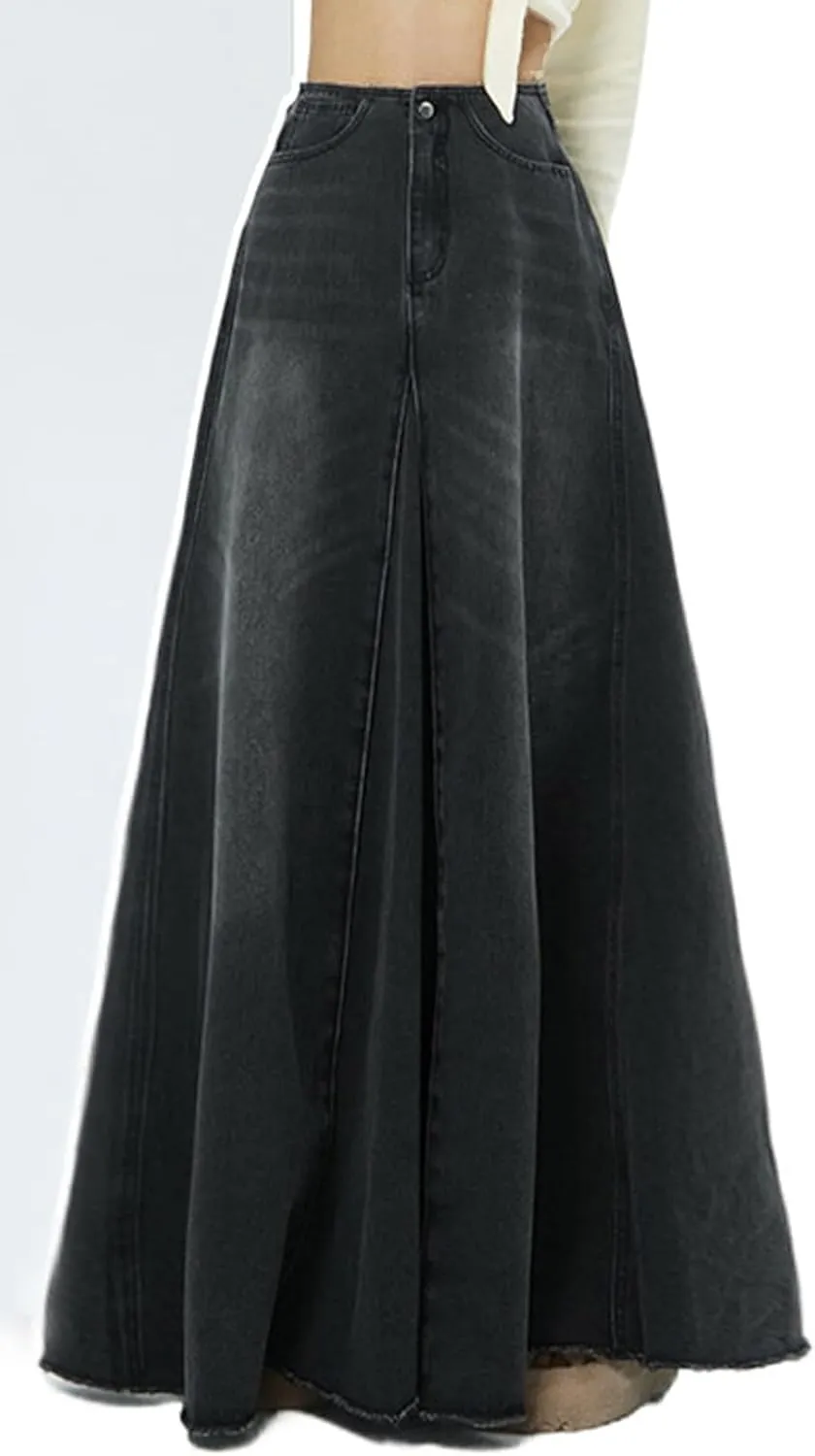 CHARTOU Women Vintage High Waist Denim Maxi Skirt Distressed Long Jean Skirt Y2k Flare A Line Skirt Frayed Raw Hem Skirt