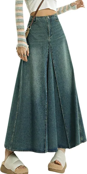 CHARTOU Women Vintage High Waist Denim Maxi Skirt Distressed Long Jean Skirt Y2k Flare A Line Skirt Frayed Raw Hem Skirt