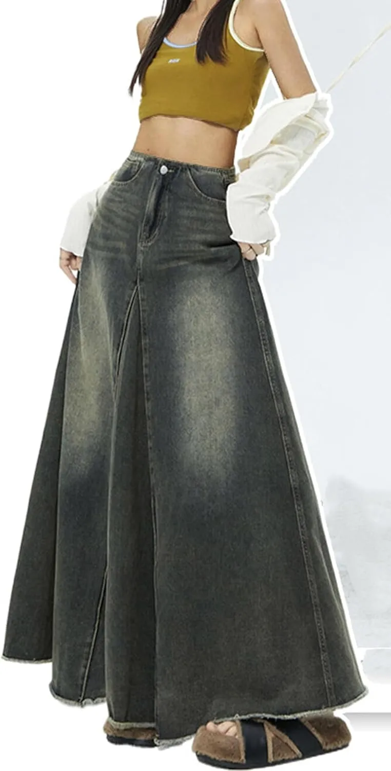 CHARTOU Women Vintage High Waist Denim Maxi Skirt Distressed Long Jean Skirt Y2k Flare A Line Skirt Frayed Raw Hem Skirt