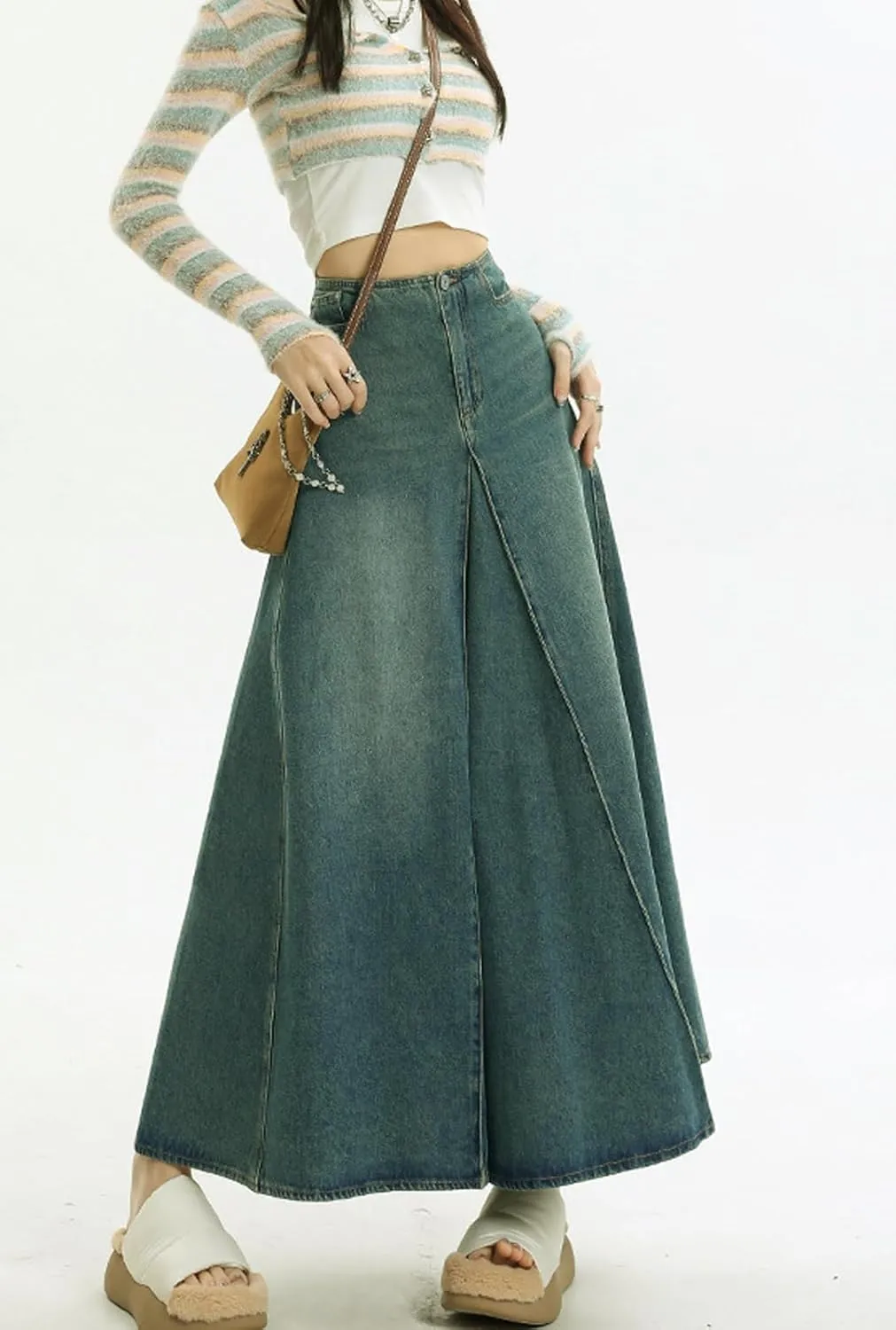 CHARTOU Women Vintage High Waist Denim Maxi Skirt Distressed Long Jean Skirt Y2k Flare A Line Skirt Frayed Raw Hem Skirt