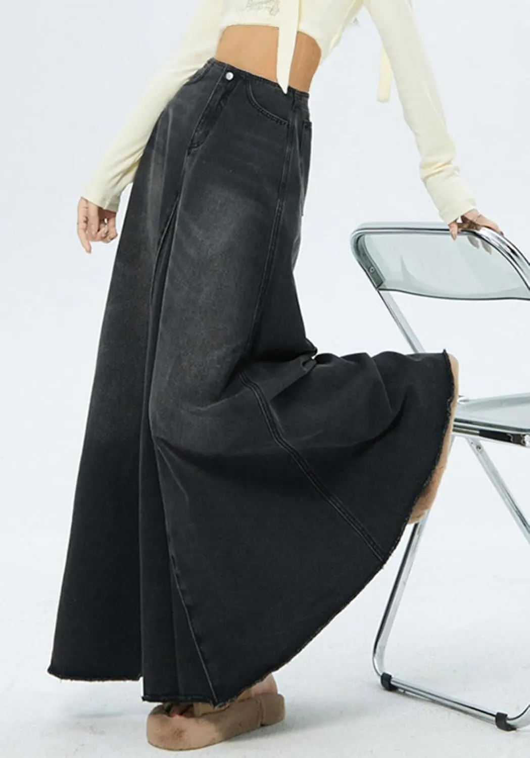 CHARTOU Women Vintage High Waist Denim Maxi Skirt Distressed Long Jean Skirt Y2k Flare A Line Skirt Frayed Raw Hem Skirt