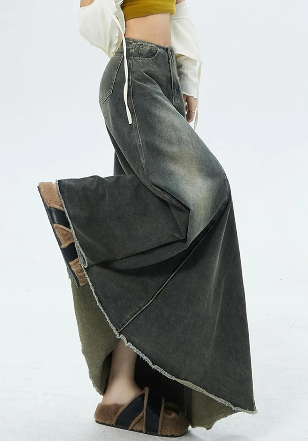 CHARTOU Women Vintage High Waist Denim Maxi Skirt Distressed Long Jean Skirt Y2k Flare A Line Skirt Frayed Raw Hem Skirt