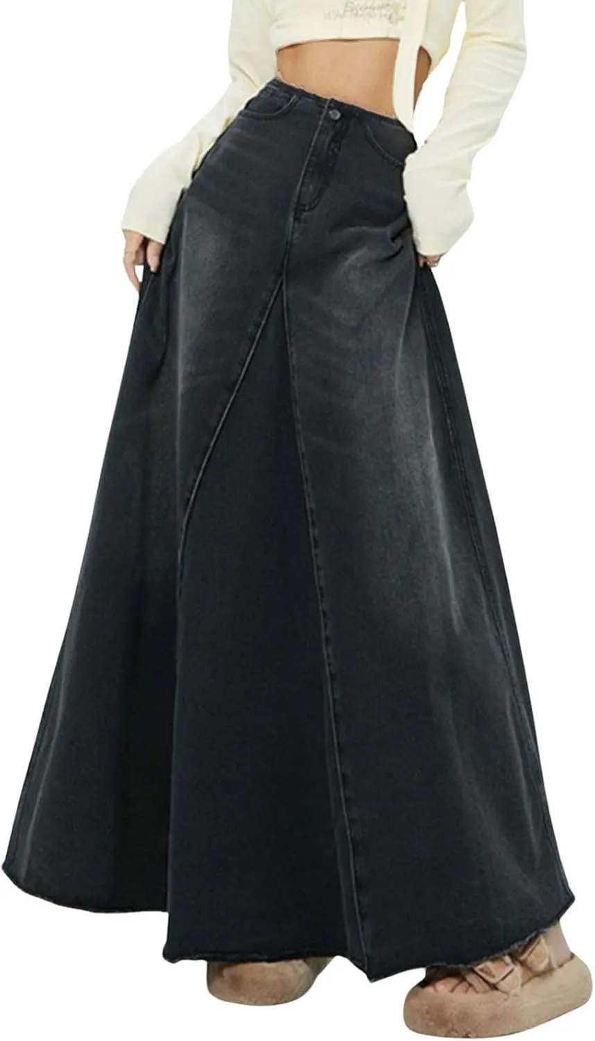 CHARTOU Women Vintage High Waist Denim Maxi Skirt Distressed Long Jean Skirt Y2k Flare A Line Skirt Frayed Raw Hem Skirt
