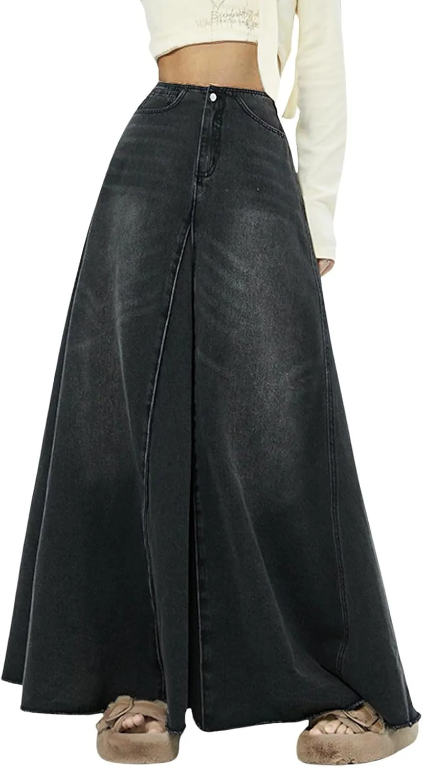 CHARTOU Women Vintage High Waist Denim Maxi Skirt Distressed Long Jean Skirt Y2k Flare A Line Skirt Frayed Raw Hem Skirt