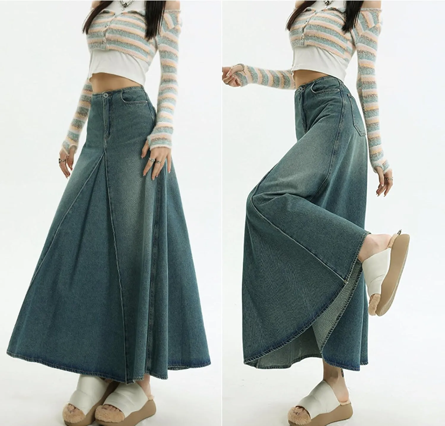 CHARTOU Women Vintage High Waist Denim Maxi Skirt Distressed Long Jean Skirt Y2k Flare A Line Skirt Frayed Raw Hem Skirt