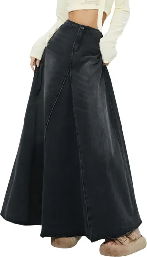 CHARTOU Women Vintage High Waist Denim Maxi Skirt Distressed Long Jean Skirt Y2k Flare A Line Skirt Frayed Raw Hem Skirt
