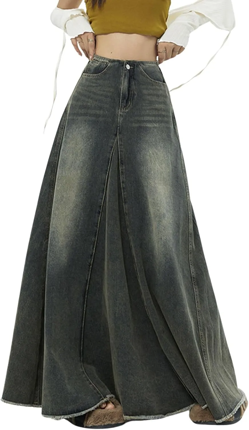 CHARTOU Women Vintage High Waist Denim Maxi Skirt Distressed Long Jean Skirt Y2k Flare A Line Skirt Frayed Raw Hem Skirt