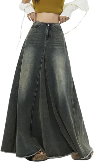 CHARTOU Women Vintage High Waist Denim Maxi Skirt Distressed Long Jean Skirt Y2k Flare A Line Skirt Frayed Raw Hem Skirt