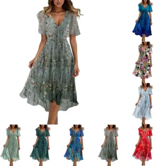 Chiffon Dresses for Women,Summer Coctail Boho Floral Printed Dresses Wrap Flowy Wedding Prom Guest Midi V Neck Dress