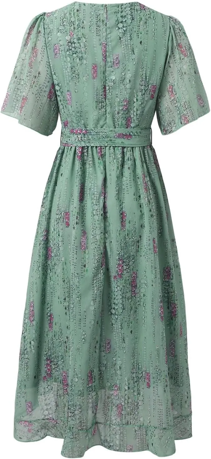 Chiffon Dresses for Women,Summer Coctail Boho Floral Printed Dresses Wrap Flowy Wedding Prom Guest Midi V Neck Dress