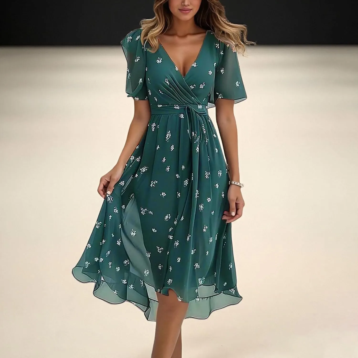 Chiffon Dresses for Women,Summer Coctail Boho Floral Printed Dresses Wrap Flowy Wedding Prom Guest Midi V Neck Dress