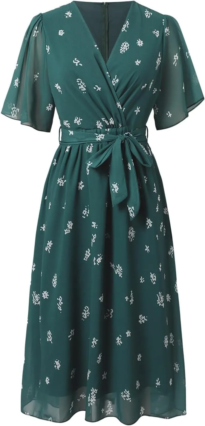 Chiffon Dresses for Women,Summer Coctail Boho Floral Printed Dresses Wrap Flowy Wedding Prom Guest Midi V Neck Dress