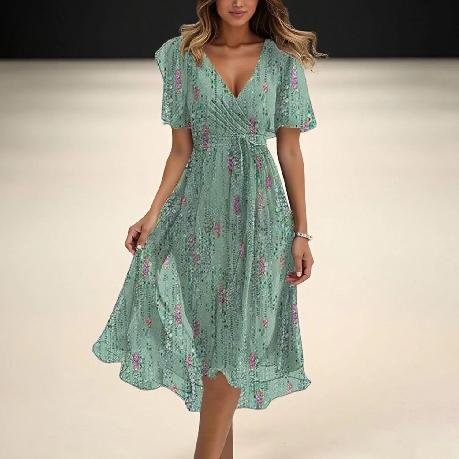 Chiffon Dresses for Women,Summer Coctail Boho Floral Printed Dresses Wrap Flowy Wedding Prom Guest Midi V Neck Dress