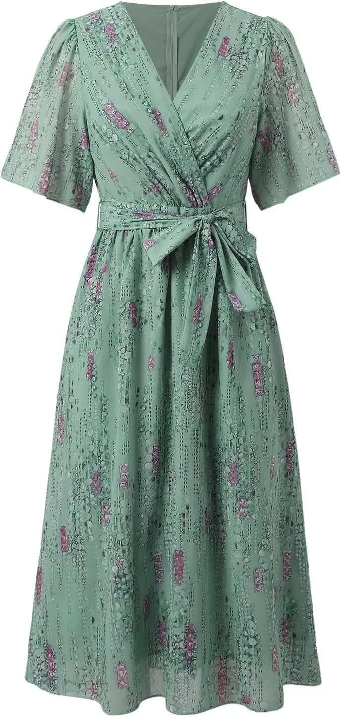 Chiffon Dresses for Women,Summer Coctail Boho Floral Printed Dresses Wrap Flowy Wedding Prom Guest Midi V Neck Dress