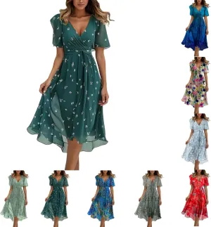Chiffon Dresses for Women,Summer Coctail Boho Floral Printed Dresses Wrap Flowy Wedding Prom Guest Midi V Neck Dress