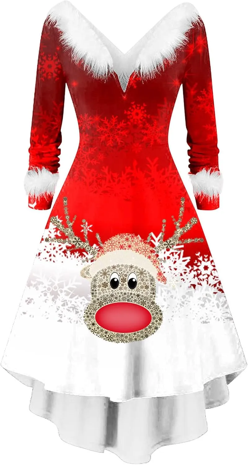 Christmas Dress for Women Elegant Vintage Long Sleeve V-Neck Off Shoulder Asymmetrical Retro Tunic A Line Dress