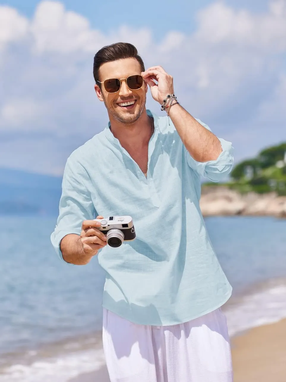 COOFANDY Men's Cotton Linen Henley T-Shirts Long Sleeve Hippie Casual Beach T-Shirts