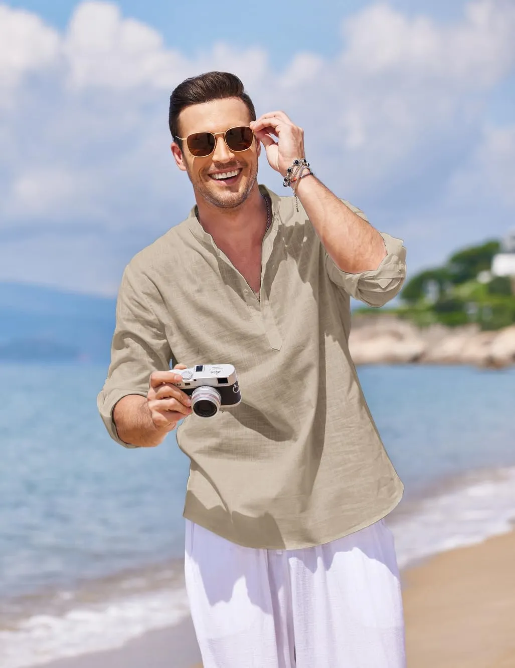 COOFANDY Men's Cotton Linen Henley T-Shirts Long Sleeve Hippie Casual Beach T-Shirts