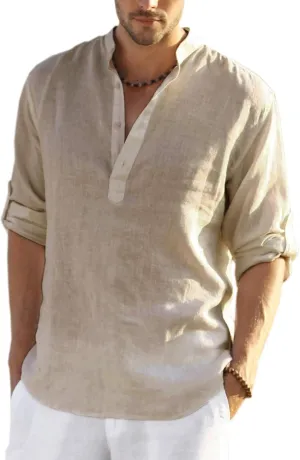 COOFANDY Men's Cotton Linen Henley T-Shirts Long Sleeve Hippie Casual Beach T-Shirts