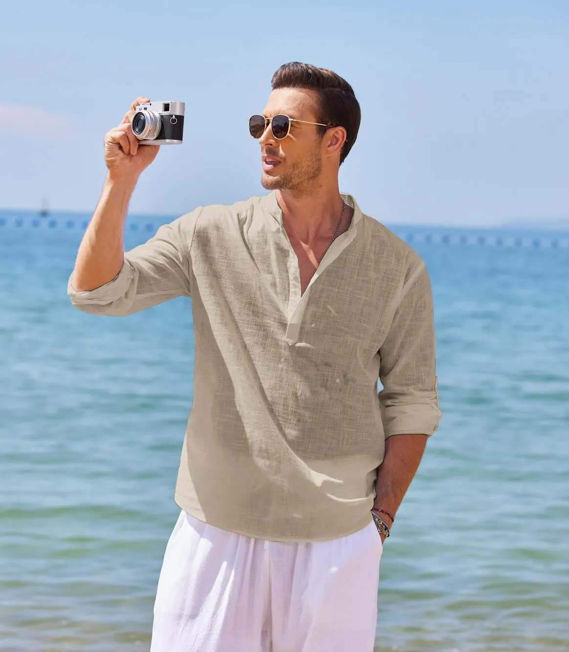 COOFANDY Men's Cotton Linen Henley T-Shirts Long Sleeve Hippie Casual Beach T-Shirts