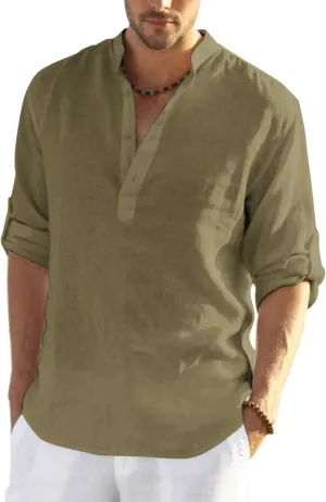 COOFANDY Men's Cotton Linen Henley T-Shirts Long Sleeve Hippie Casual Beach T-Shirts