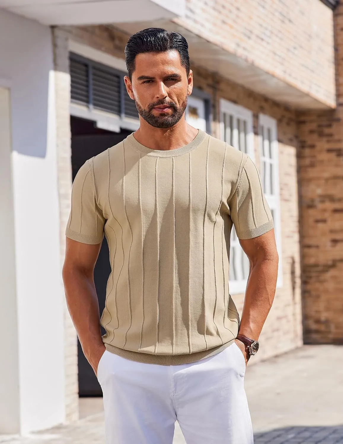 COOFANDY Men's T- Shirts Short Sleeve Knit Sweater Shirt Casual Crewneck Ribbed Pullover Tees