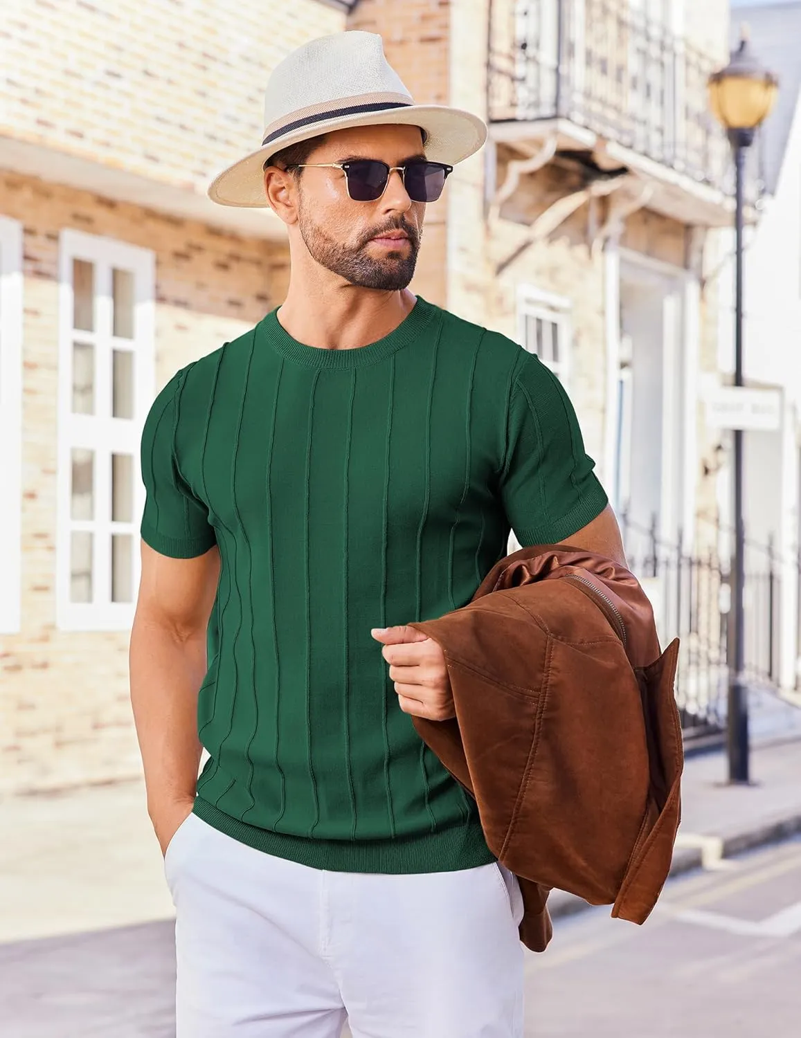 COOFANDY Men's T- Shirts Short Sleeve Knit Sweater Shirt Casual Crewneck Ribbed Pullover Tees