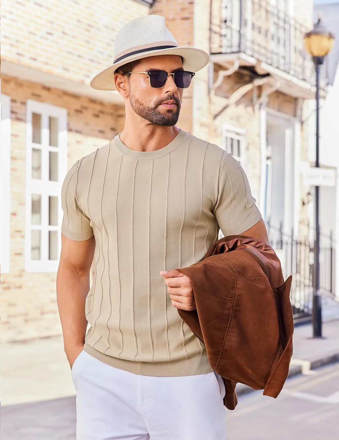 COOFANDY Men's T- Shirts Short Sleeve Knit Sweater Shirt Casual Crewneck Ribbed Pullover Tees