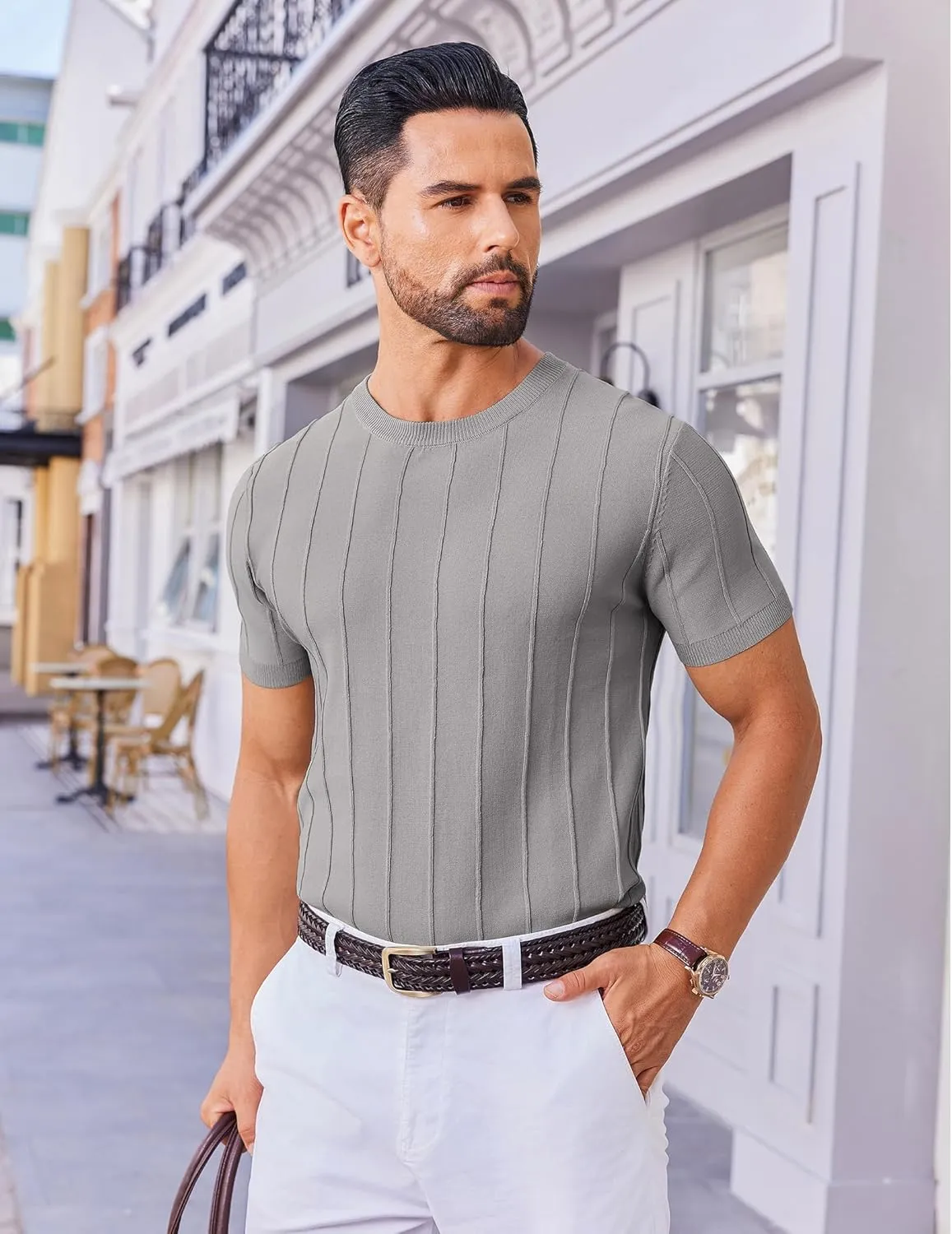 COOFANDY Men's T- Shirts Short Sleeve Knit Sweater Shirt Casual Crewneck Ribbed Pullover Tees