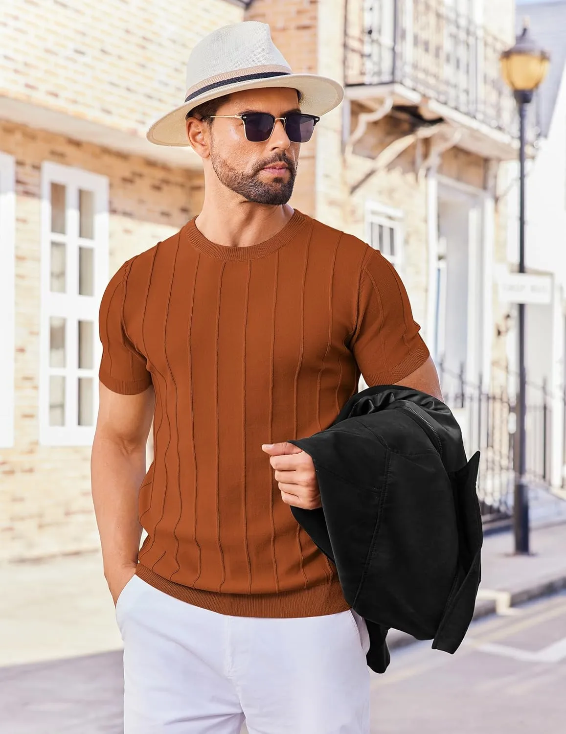 COOFANDY Men's T- Shirts Short Sleeve Knit Sweater Shirt Casual Crewneck Ribbed Pullover Tees