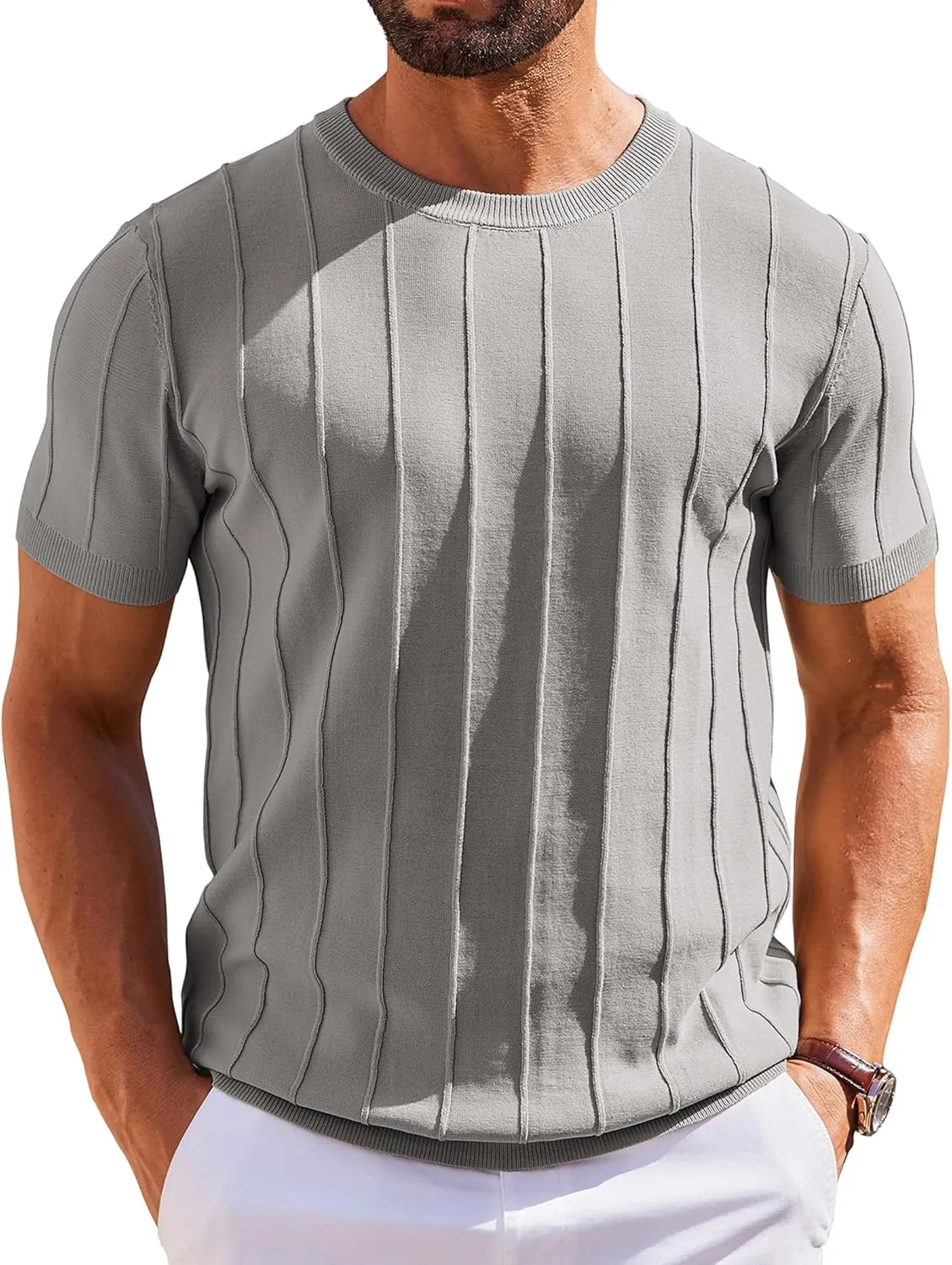 COOFANDY Men's T- Shirts Short Sleeve Knit Sweater Shirt Casual Crewneck Ribbed Pullover Tees