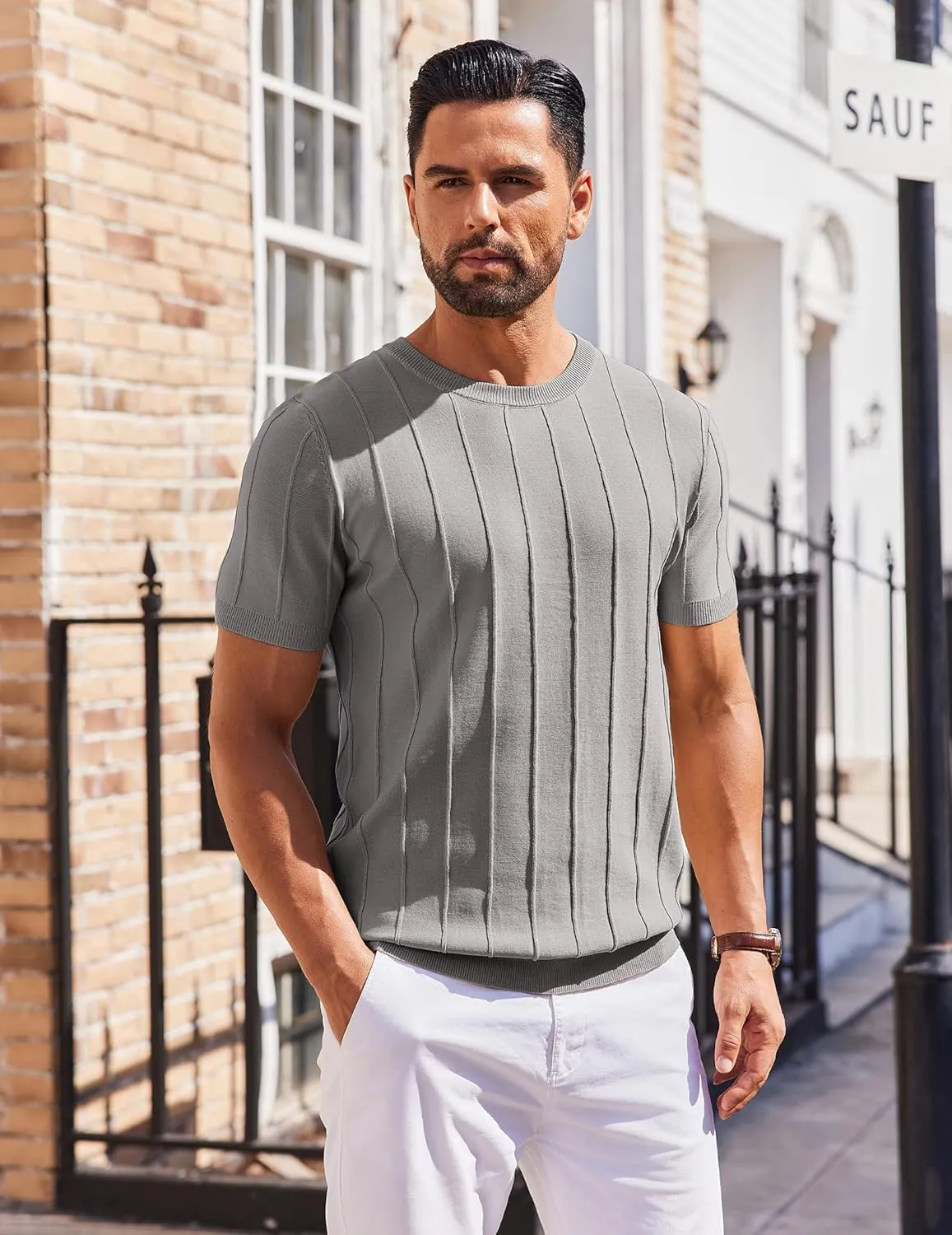 COOFANDY Men's T- Shirts Short Sleeve Knit Sweater Shirt Casual Crewneck Ribbed Pullover Tees