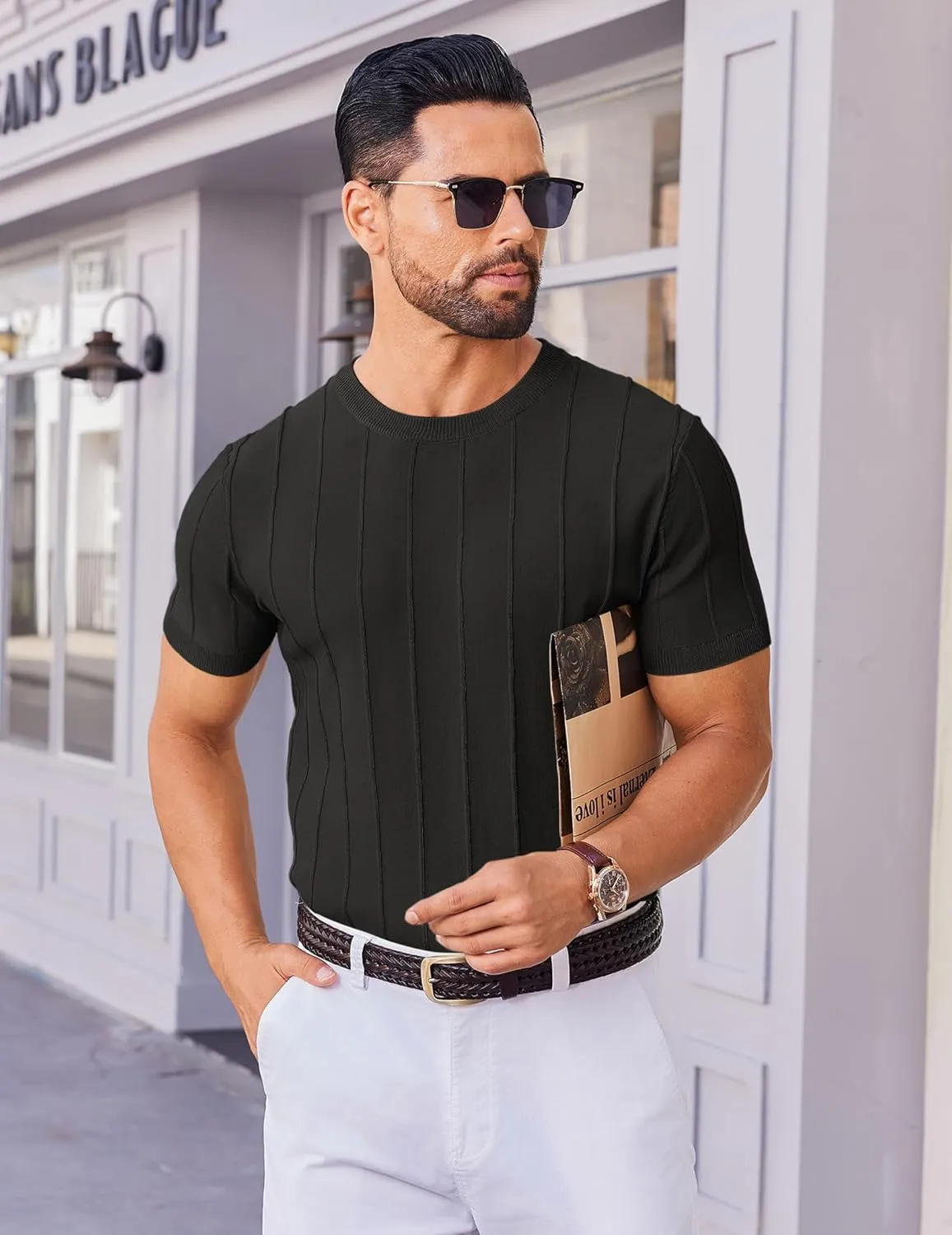 COOFANDY Men's T- Shirts Short Sleeve Knit Sweater Shirt Casual Crewneck Ribbed Pullover Tees