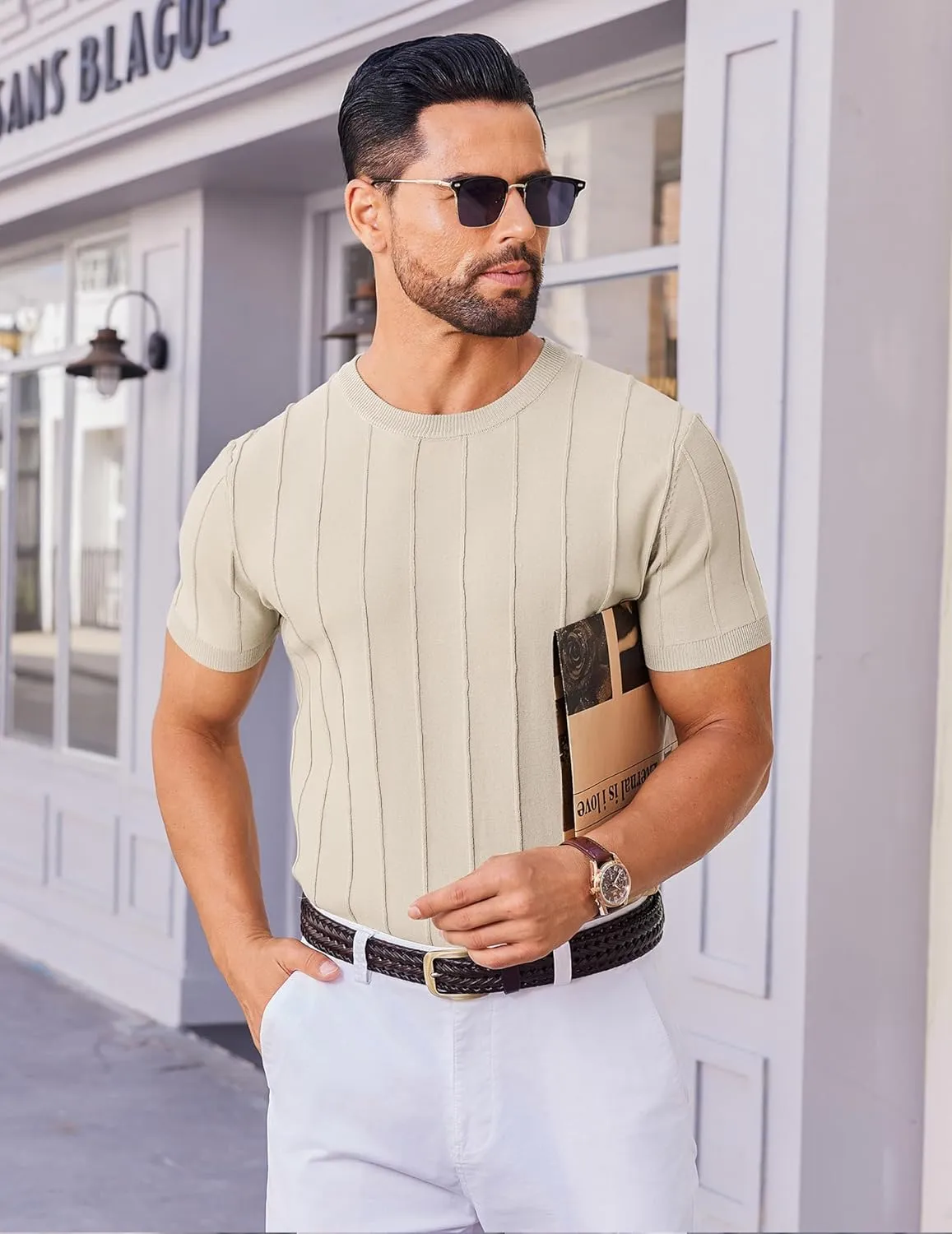 COOFANDY Men's T- Shirts Short Sleeve Knit Sweater Shirt Casual Crewneck Ribbed Pullover Tees