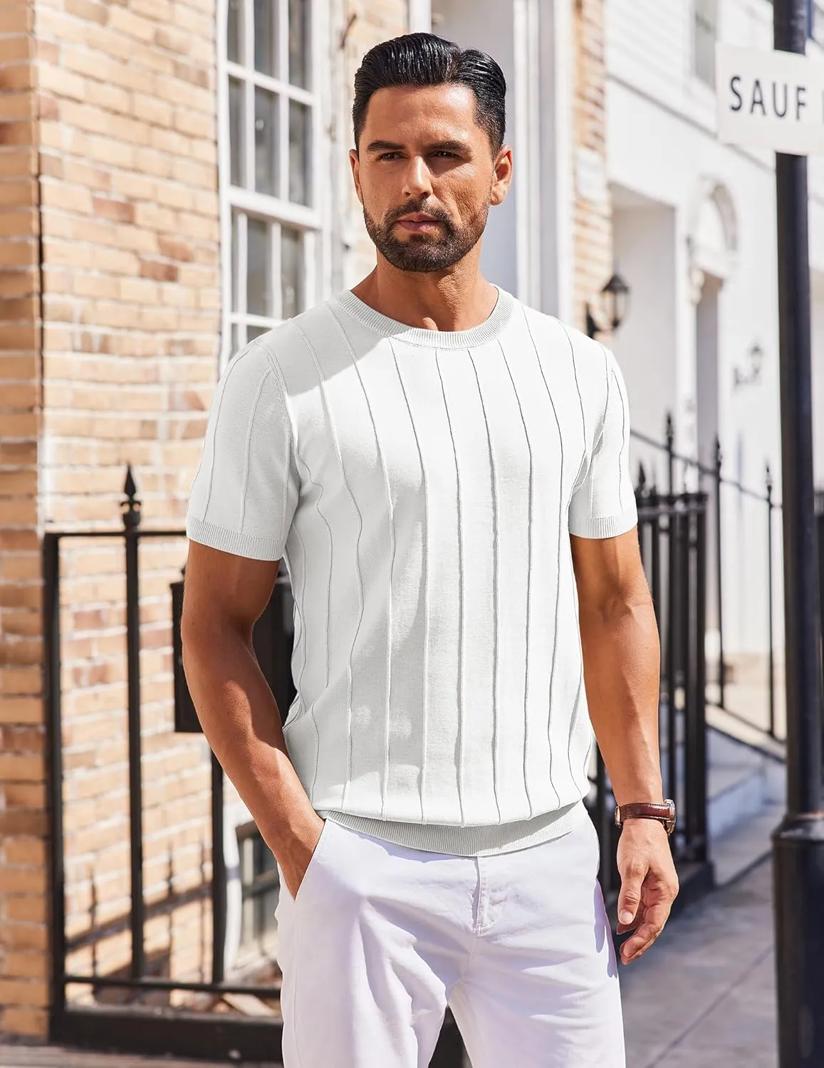 COOFANDY Men's T- Shirts Short Sleeve Knit Sweater Shirt Casual Crewneck Ribbed Pullover Tees