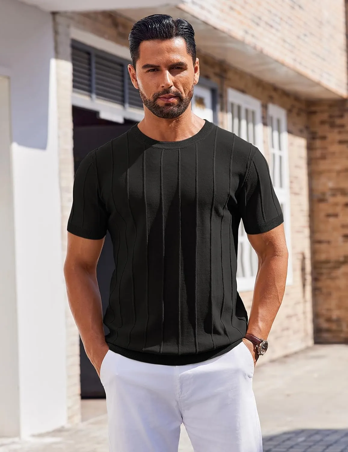 COOFANDY Men's T- Shirts Short Sleeve Knit Sweater Shirt Casual Crewneck Ribbed Pullover Tees