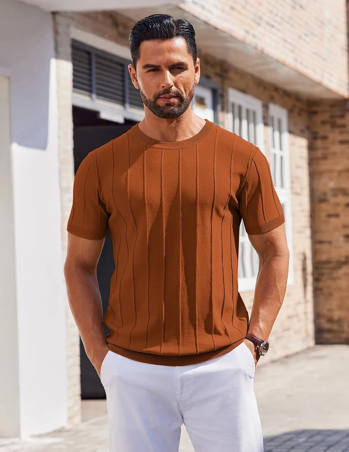 COOFANDY Men's T- Shirts Short Sleeve Knit Sweater Shirt Casual Crewneck Ribbed Pullover Tees