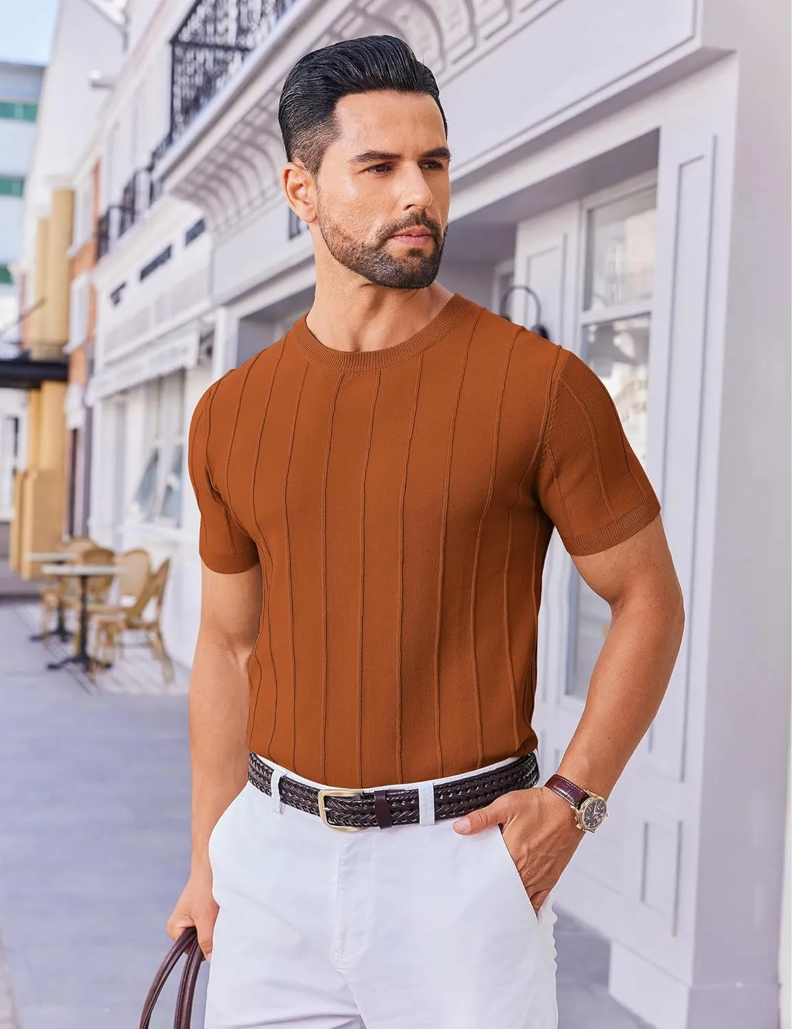 COOFANDY Men's T- Shirts Short Sleeve Knit Sweater Shirt Casual Crewneck Ribbed Pullover Tees