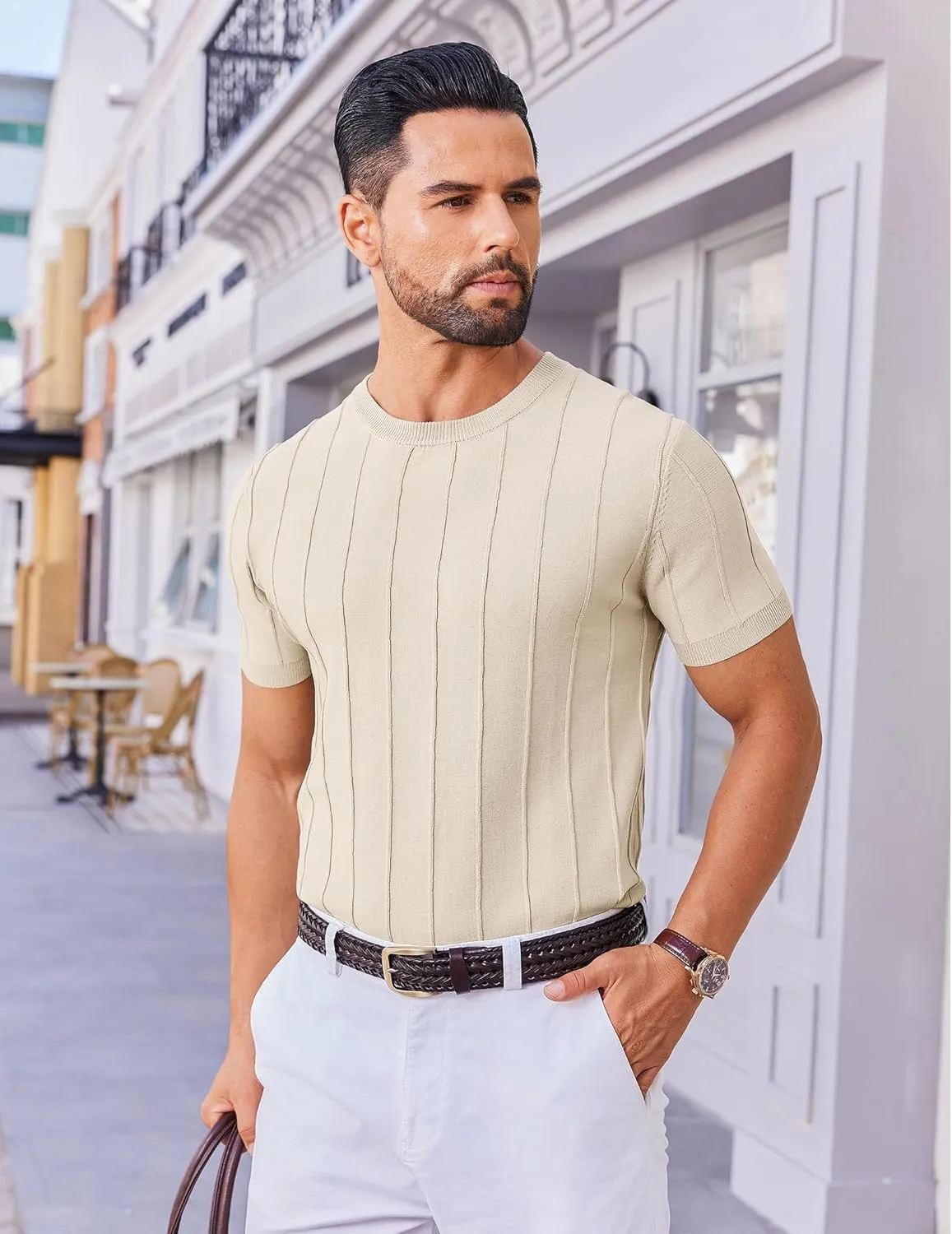 COOFANDY Men's T- Shirts Short Sleeve Knit Sweater Shirt Casual Crewneck Ribbed Pullover Tees