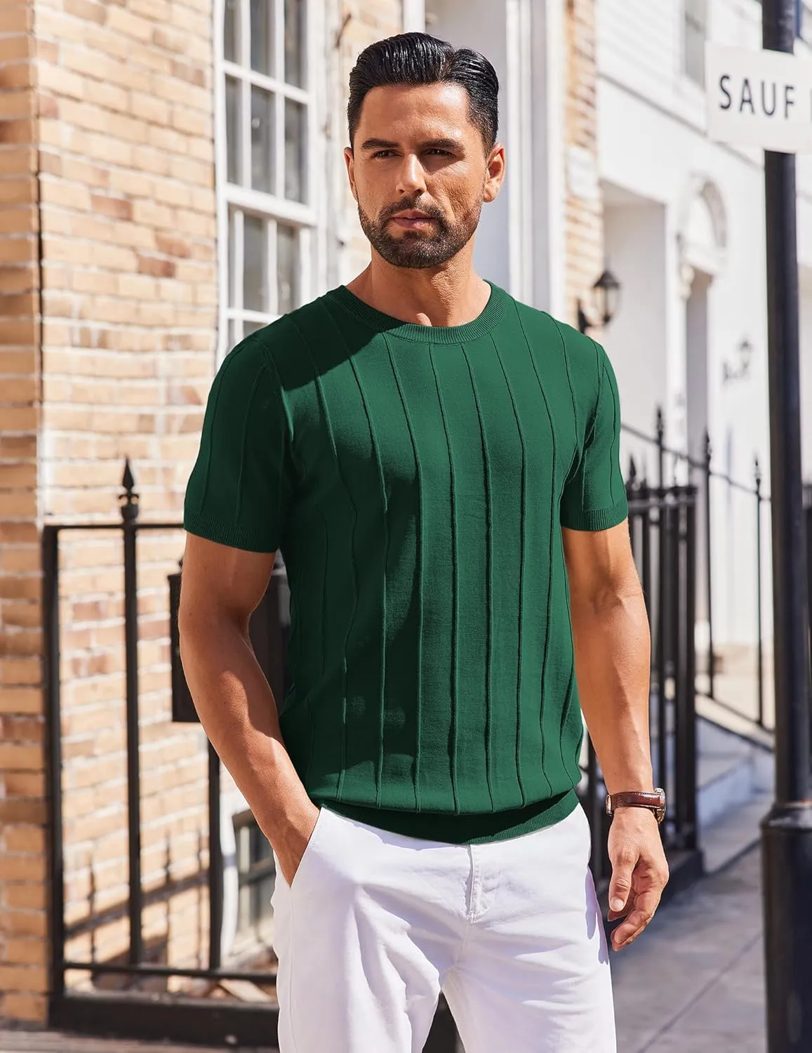 COOFANDY Men's T- Shirts Short Sleeve Knit Sweater Shirt Casual Crewneck Ribbed Pullover Tees