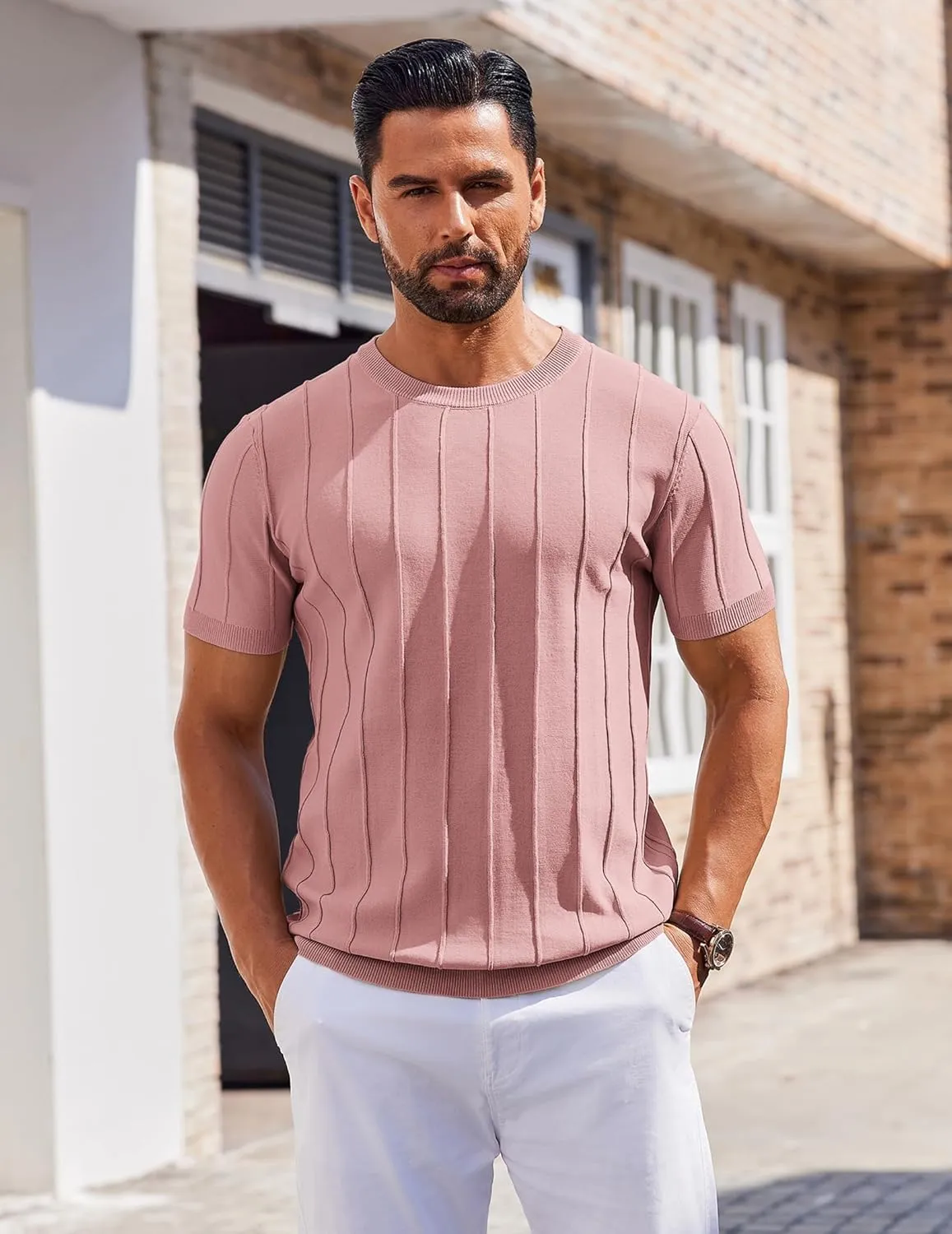 COOFANDY Men's T- Shirts Short Sleeve Knit Sweater Shirt Casual Crewneck Ribbed Pullover Tees
